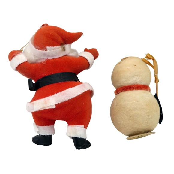 Vintage Spun Cotton Snowman Figurine 10c Tag and Flocked Dancing Santa Ornament - Picture 2 of 7
